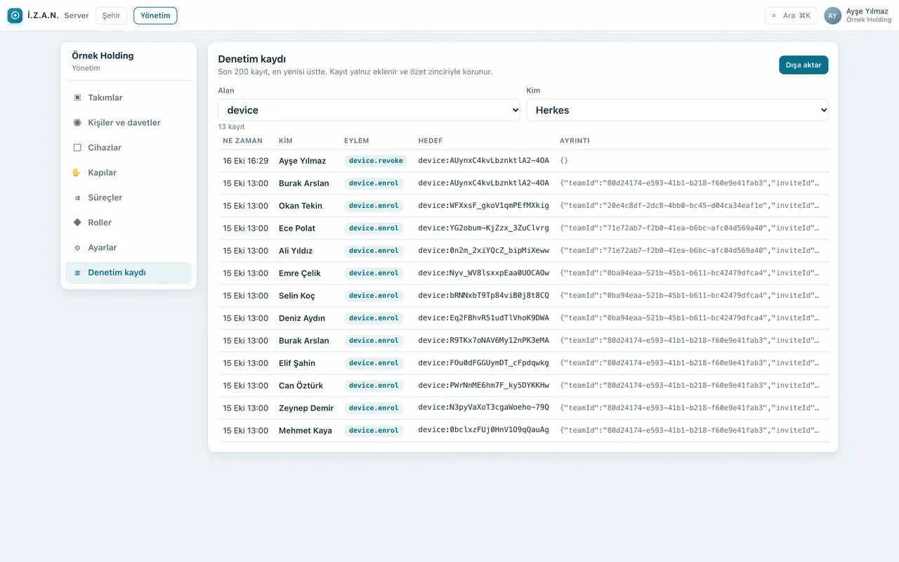 Audit log table with an export button